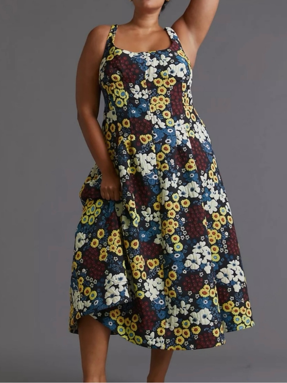 Maeve Floral Patchwork Midi Dress in Navy, Yellow, White, Burgundy